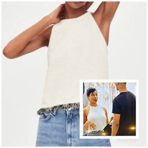 Zara Fringe Cream Black Halter Top Blouse As Seen On 90 Day UK ..Small